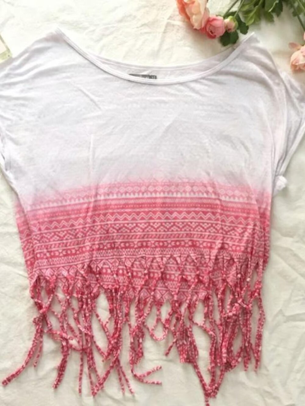 Pink and White Geometric Print Tassel Crop Top